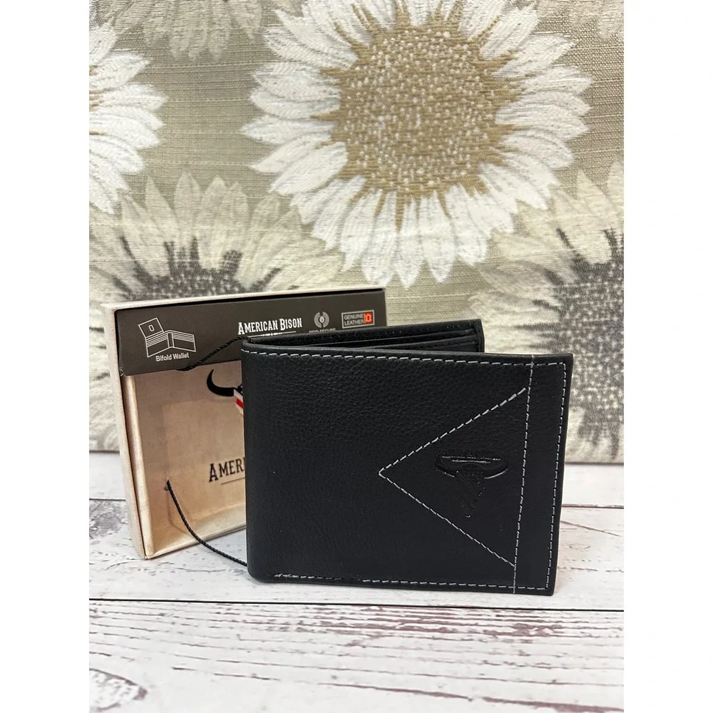 American Bison Mens Black Leather‎ Bifold Wallet RFID Secure Genuine Leather